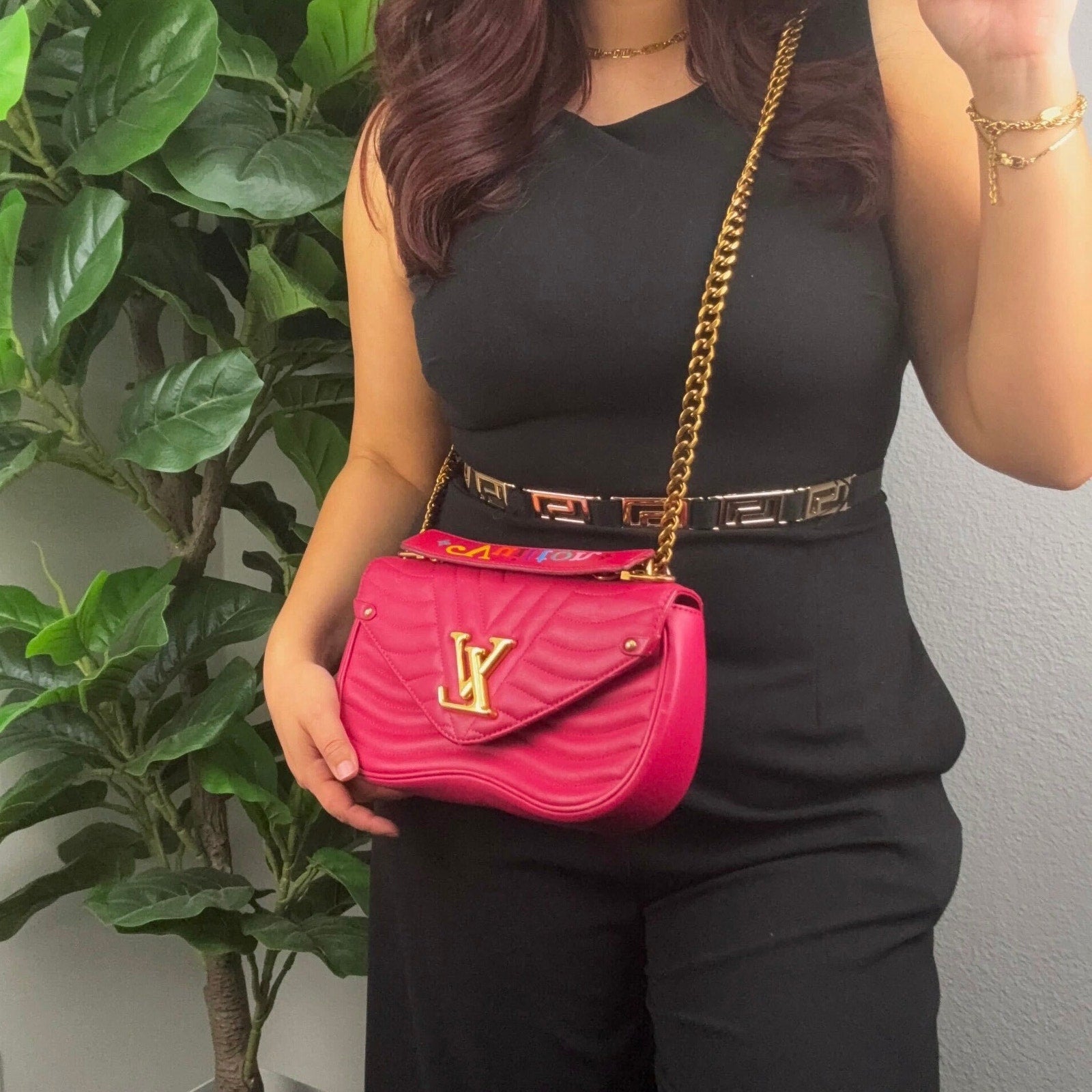 Louis Vuitton New Wave Quilted Leather Freesia Pink Chain MM Shoulder Bag Authentic Pre Owned