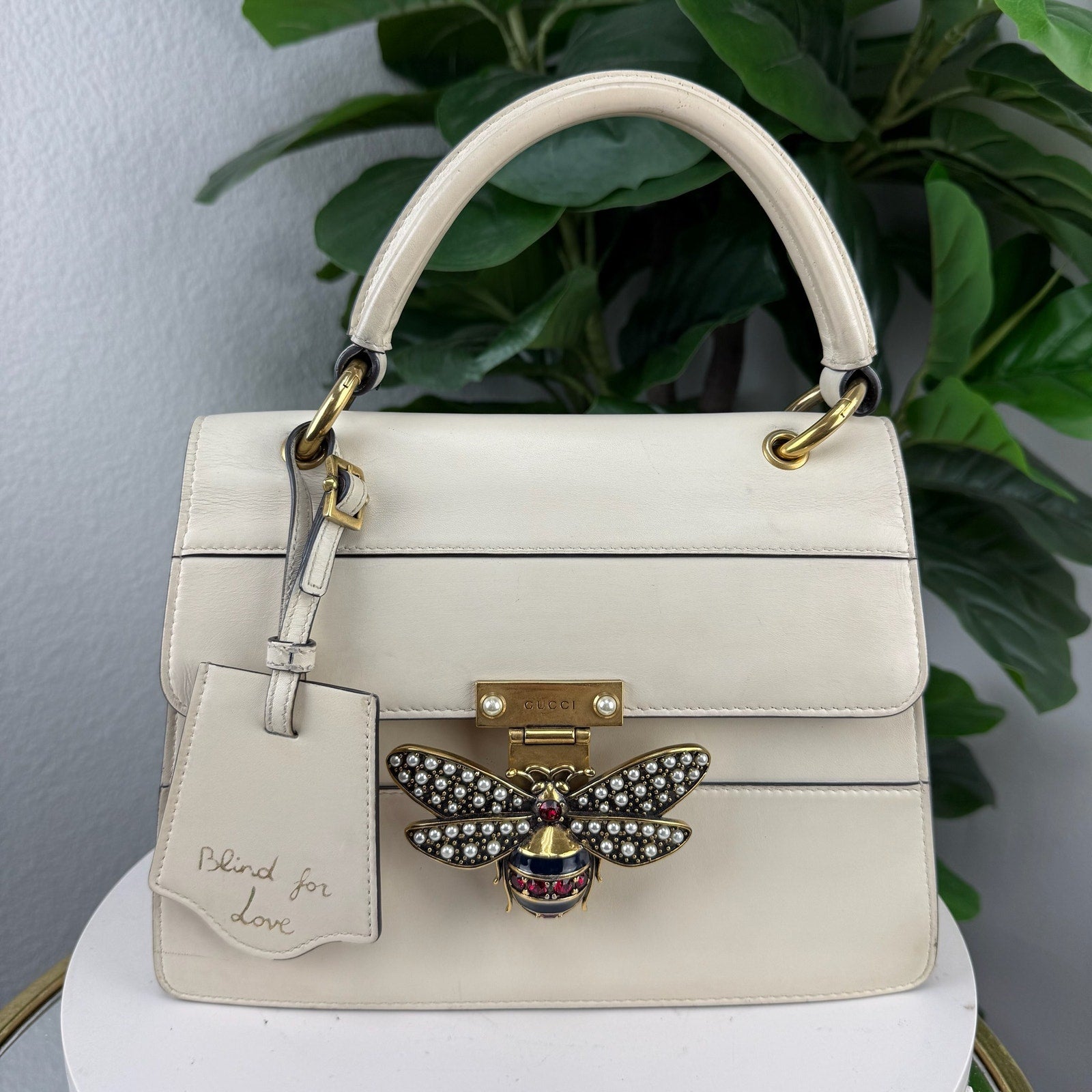 Gucci Queen Margaret Leather Bee Ivory Top Handle Shoulder Bag Authentic Pre Owned