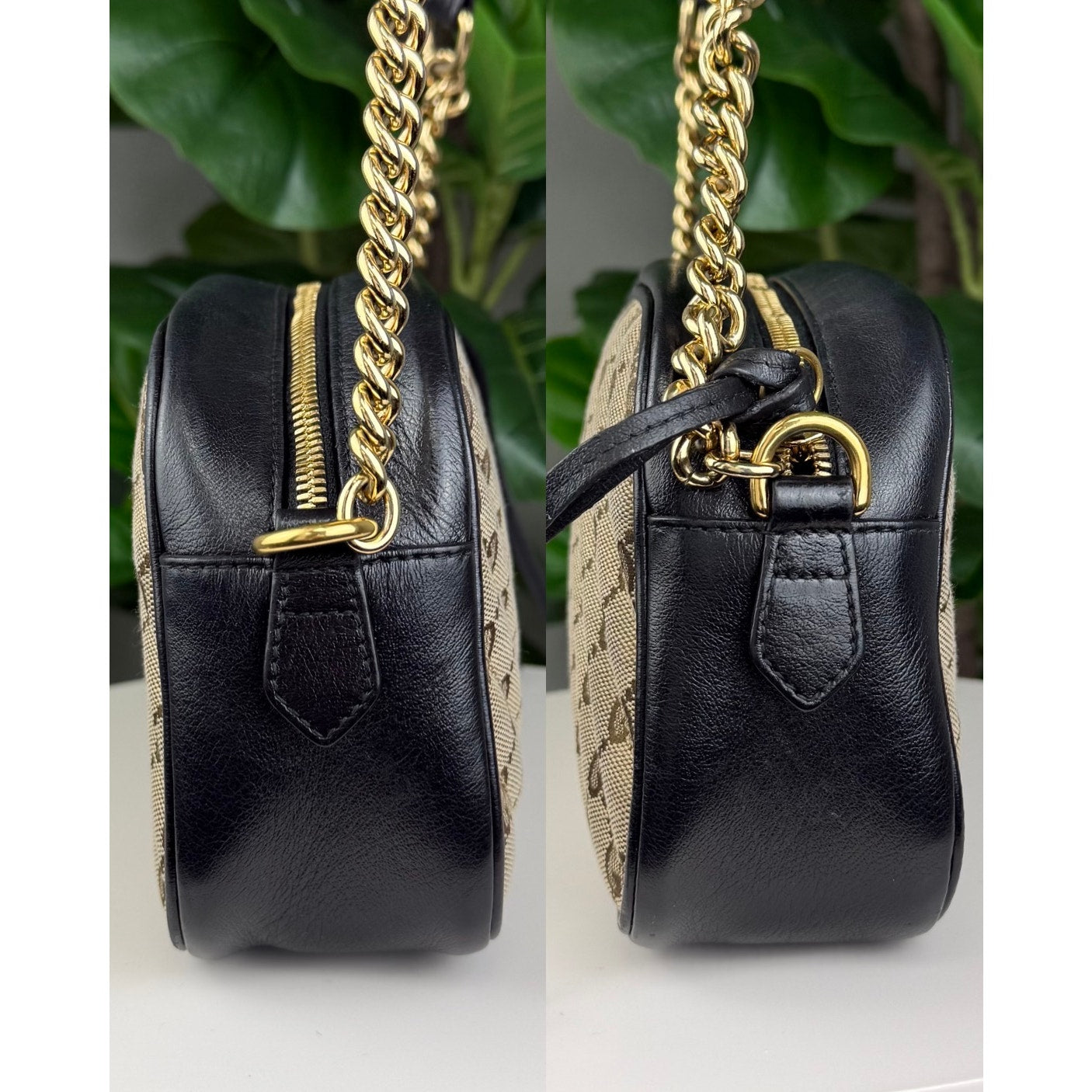 Authentic Gucci GG Canvas Marmont Shoulder Bag Black Beige