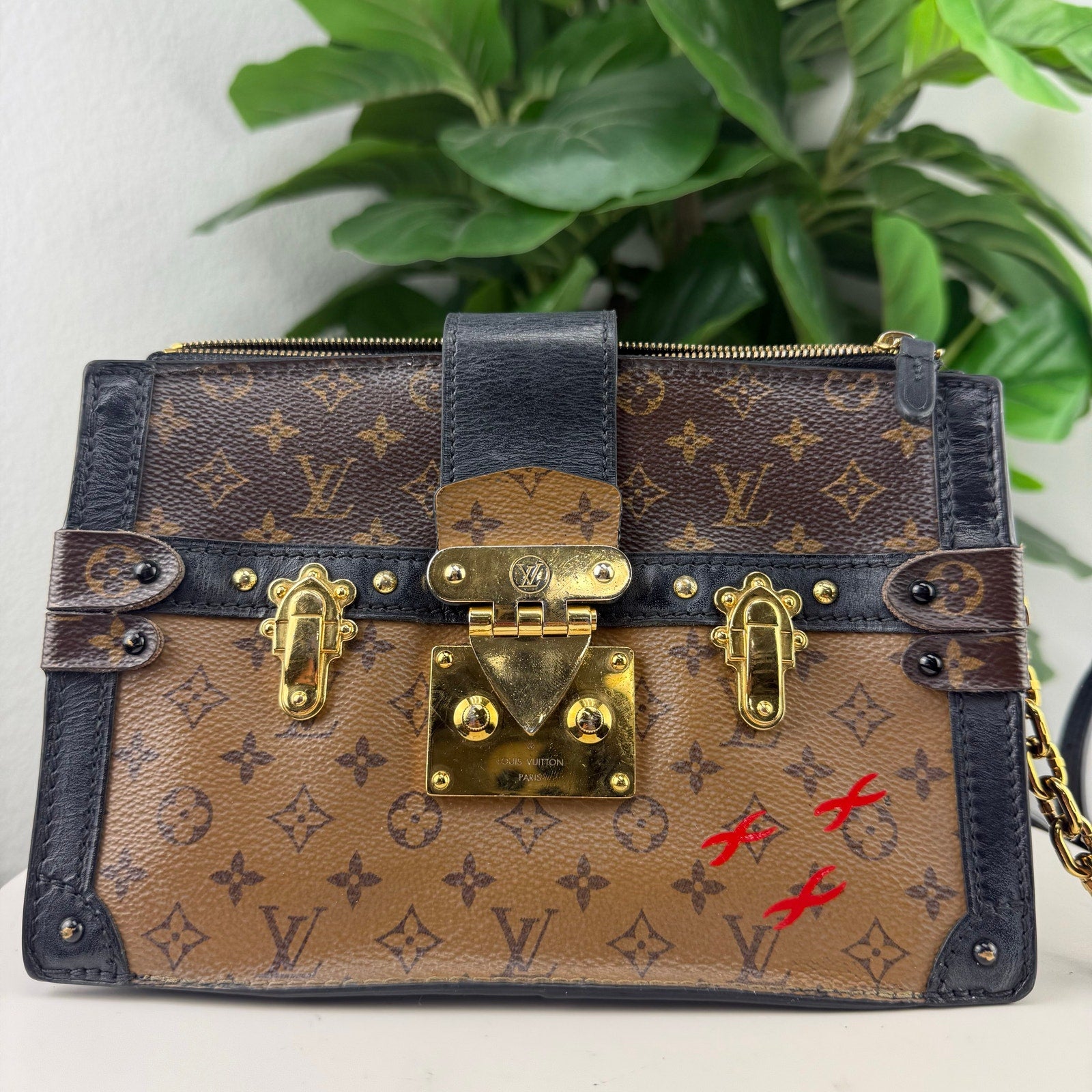 Louis Vuitton Monogram Reverse Canvas Black Leather Trunk Chain Crossbody Bag Authentic Pre Owned