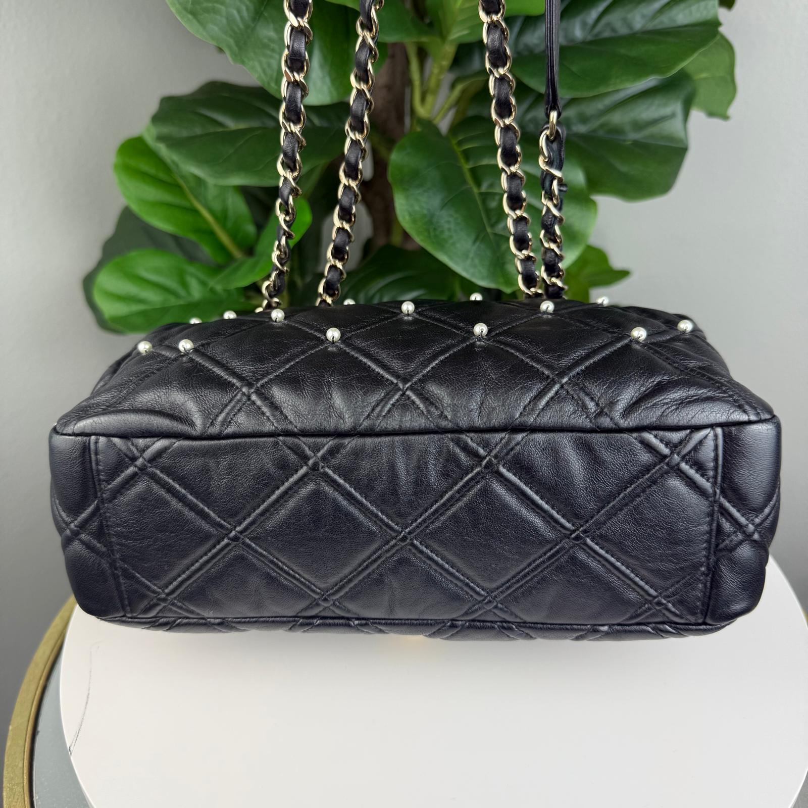 Authentic Chanel Lambskin Quilted Pearl Studded Flap Black Shoulder Bag