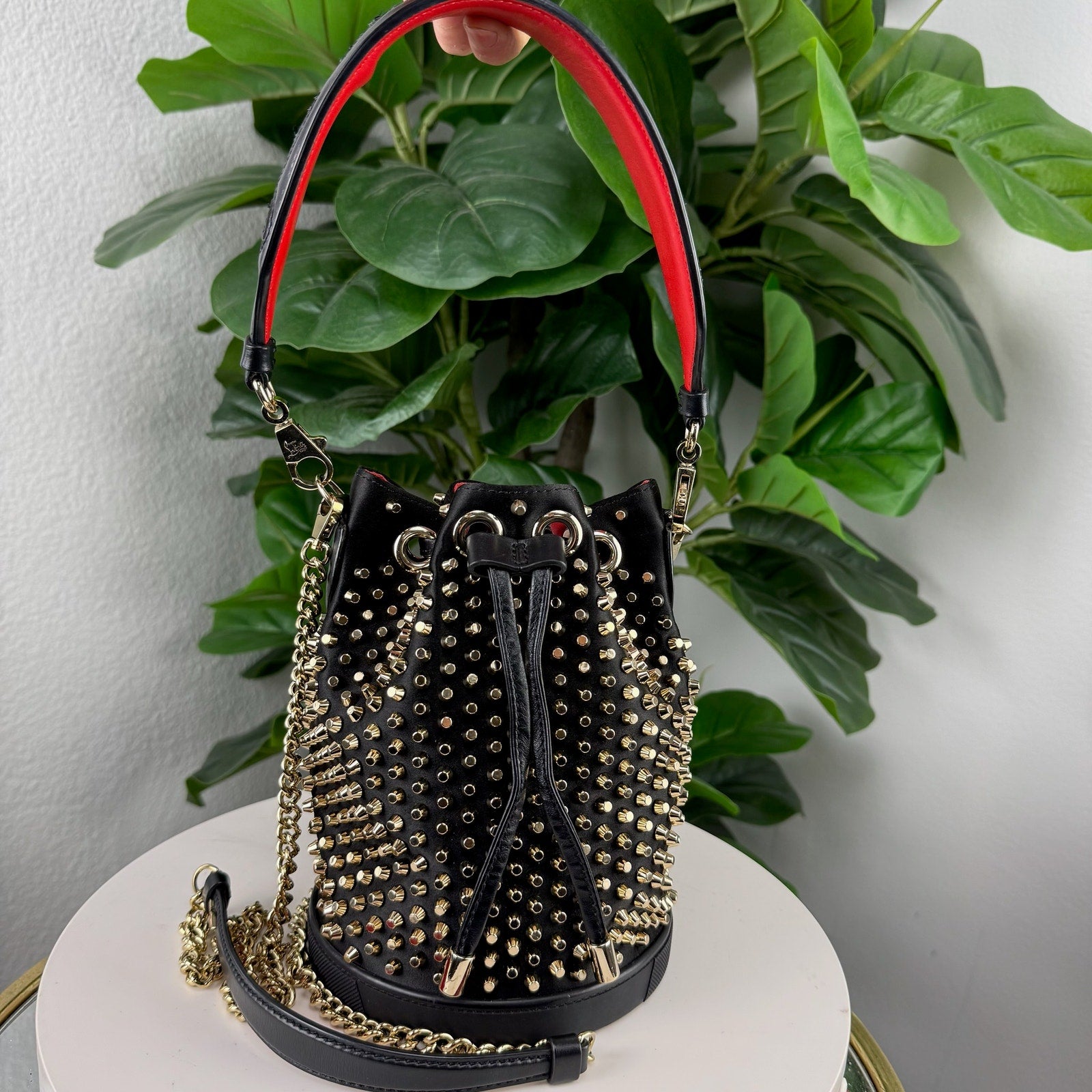 Christian Louboutin Marie Jane Bucket Bag Studded Satin and Leather