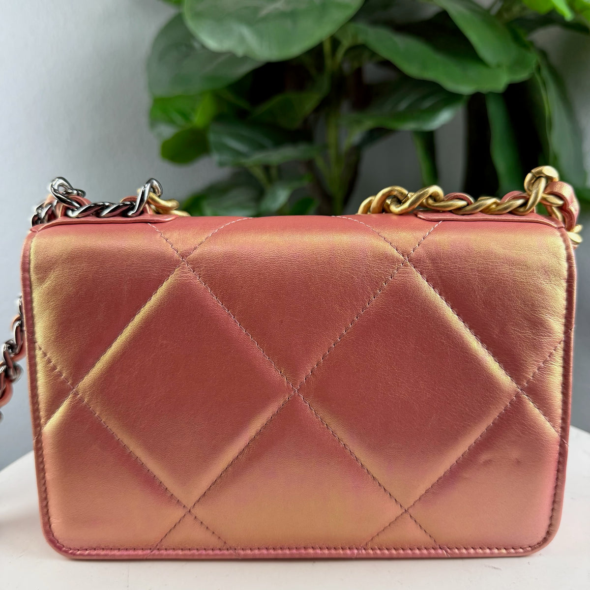 Authentic Chanel 19 Small Flap Bag Iridescent Pink Quilted Lambskin