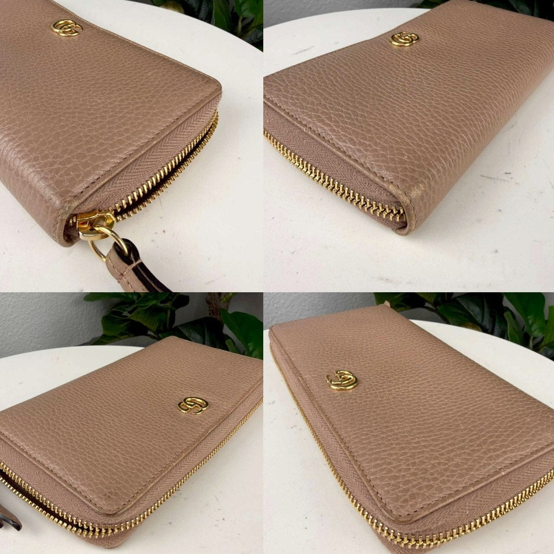 Authentic Gucci GG Marmont Zip Around Wallet Tan