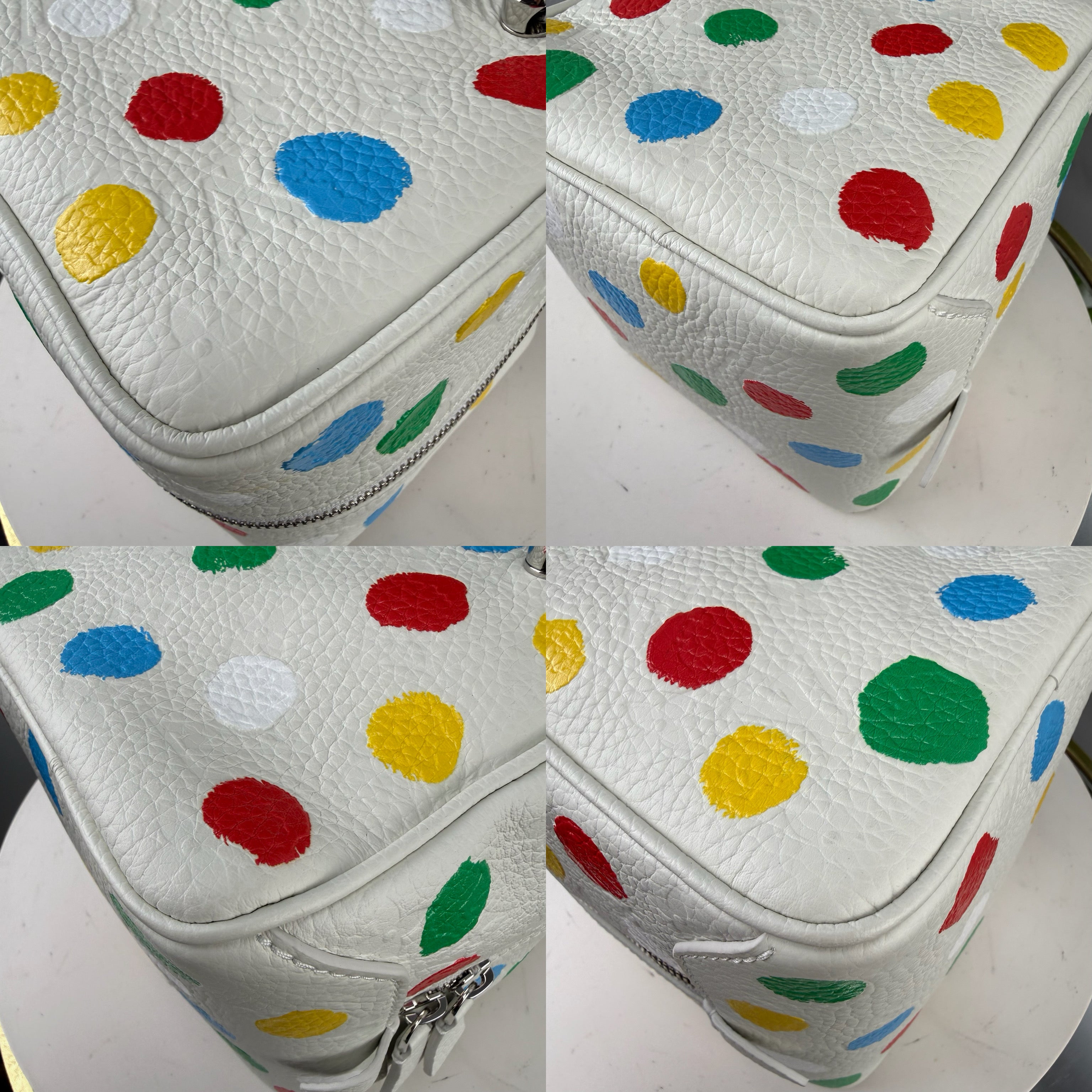 Authentic Louis Vuitton x Yayoi Kusama White Pebbled Leather Infinity Dots Square Bag