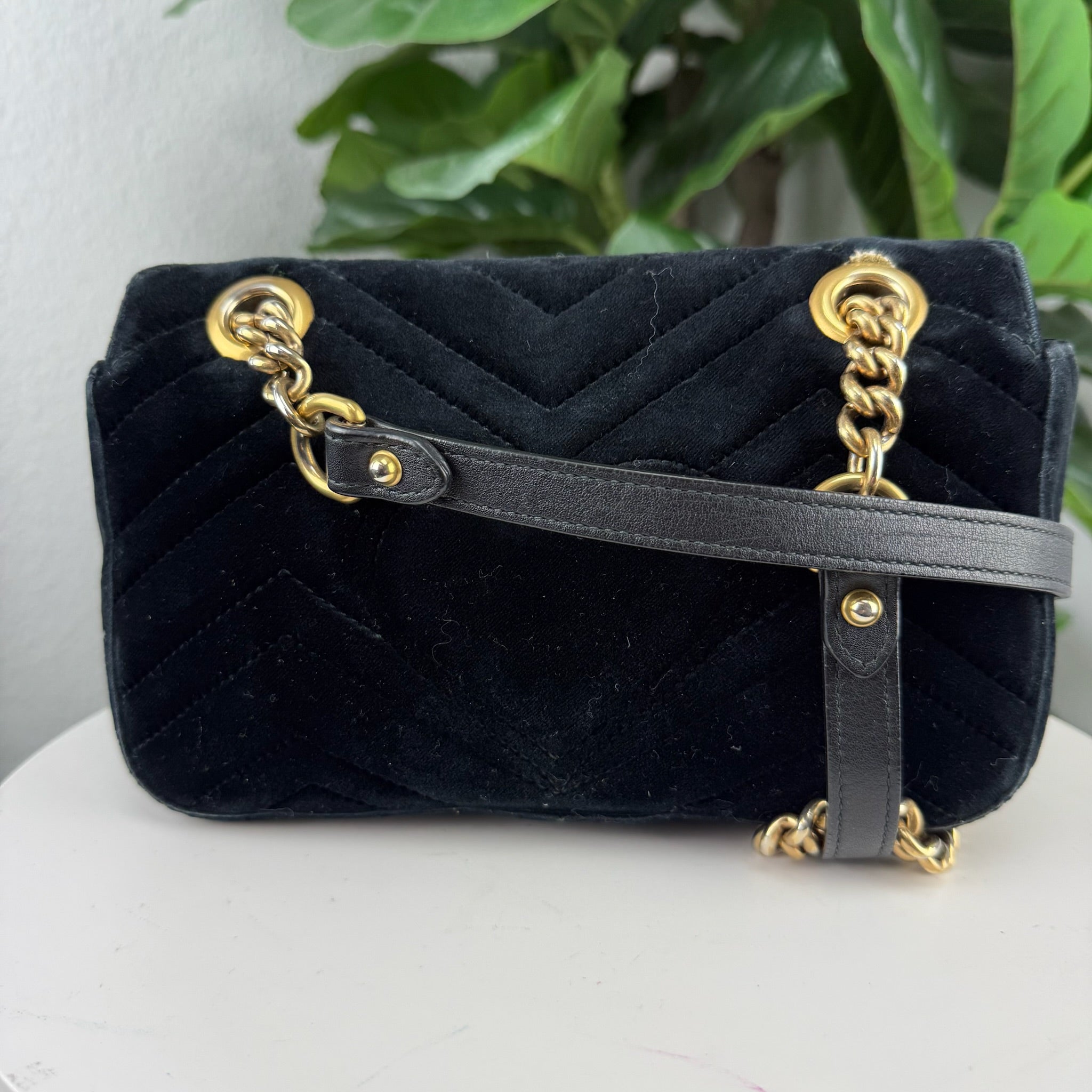 Authentic Gucci GG Marmont Black Chevron Velvet Shoulder Bag
