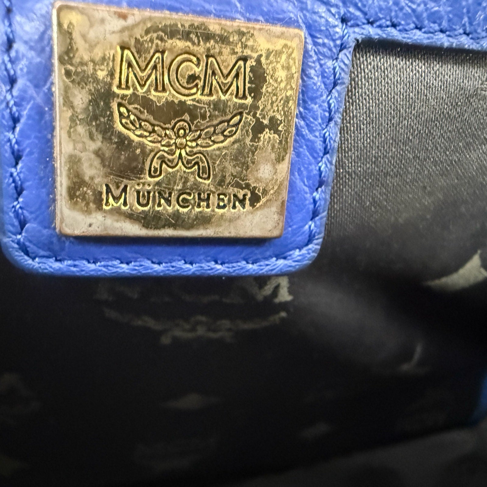 MCM Stark Studded Visetos Blue Leather Backpack Authentic Pre Owned