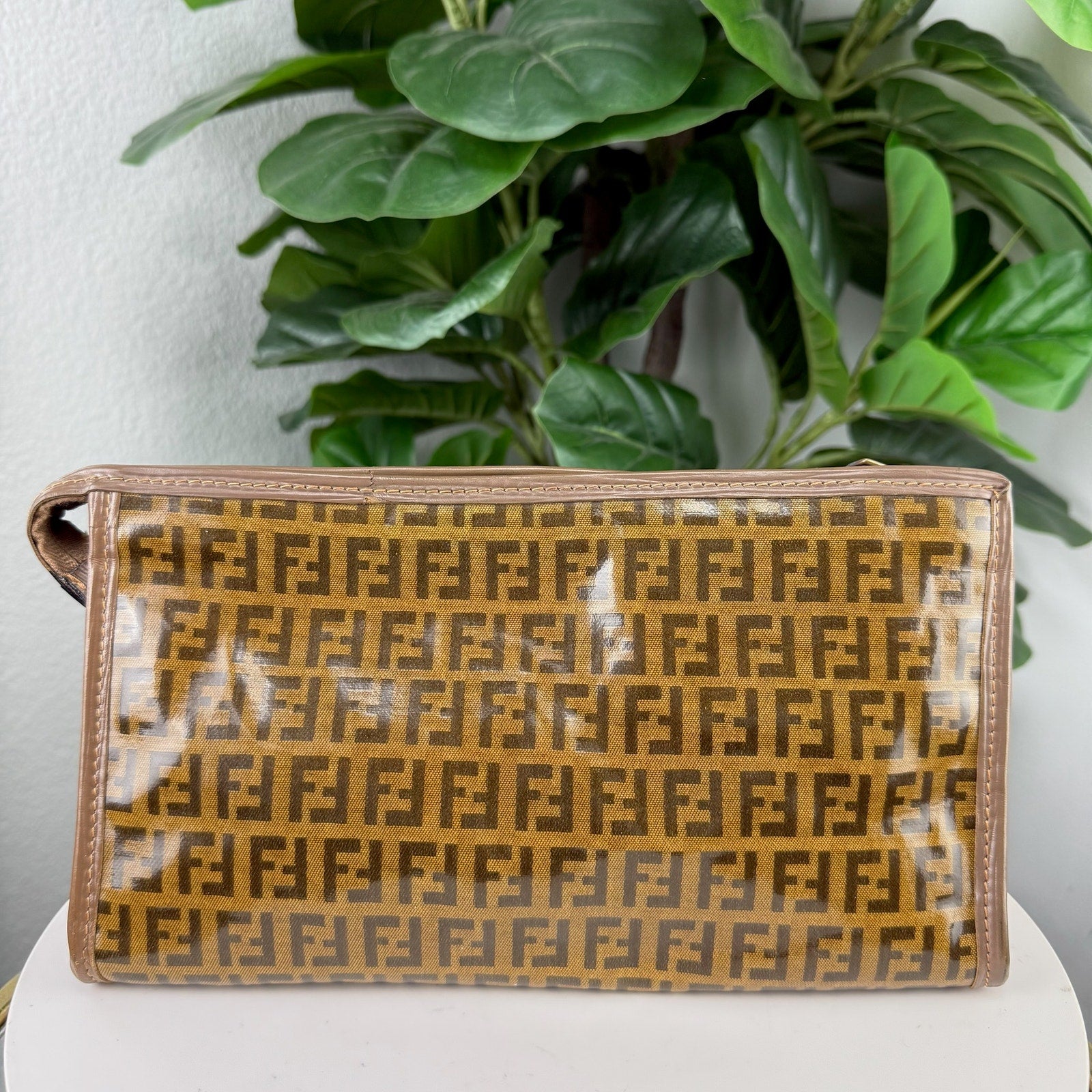 A31💎✨ Authentic Fendi Zucchino Clutch Bag Brown Auth Purse Vintage