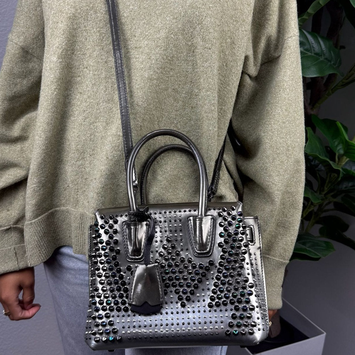 MCM Mini Milla Tote Bag Silver-Tone Cyber Studs