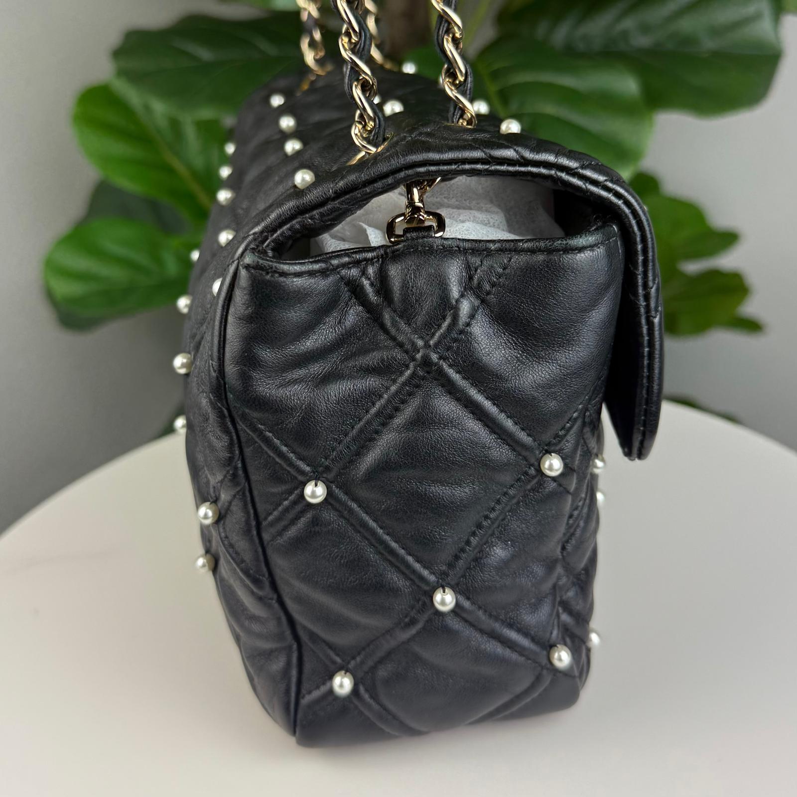 Authentic Chanel Lambskin Quilted Pearl Studded Flap Black Shoulder Bag