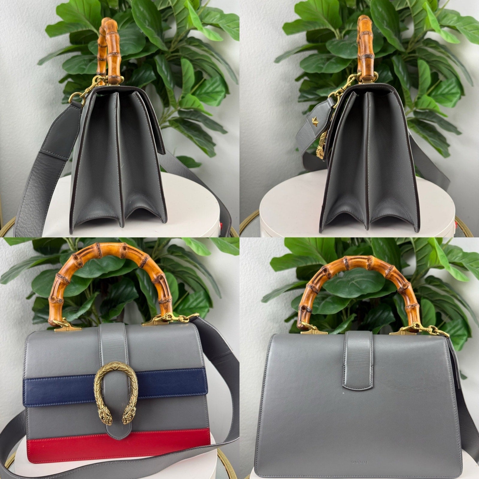 Gucci Bamboo Leather Gray Navy Blue Red Top Handle Shoulder Bag Authentic Pre Owned