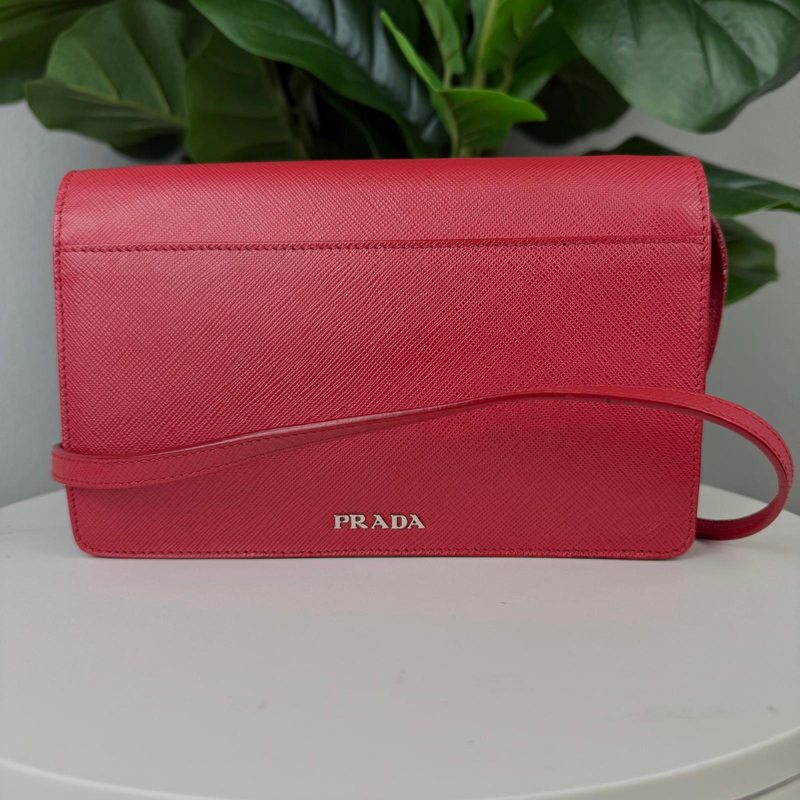 Authentic Prada Red Saffiano Leather Double Sided Flap Crossbody Bag