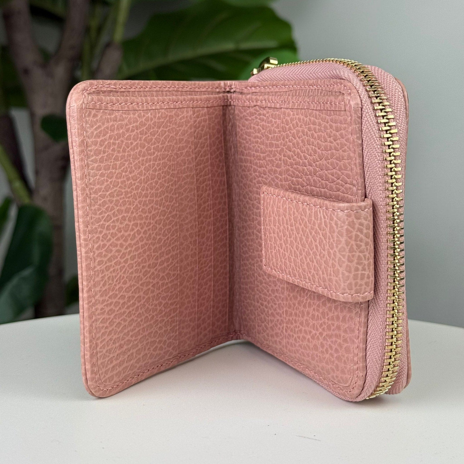 Authentic Gucci Dollar Calfskin Zip Around French Flap Wallet beige ebony Soft Pink