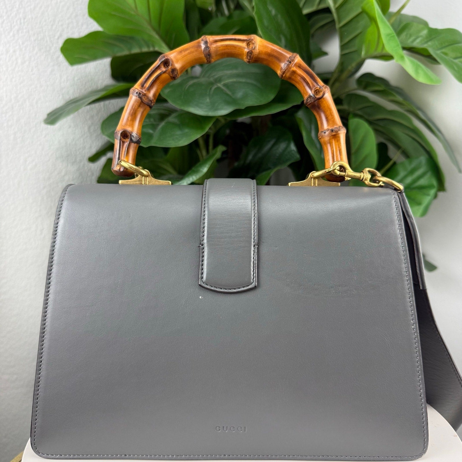 Gucci Bamboo Leather Gray Navy Blue Red Top Handle Shoulder Bag Authentic Pre Owned