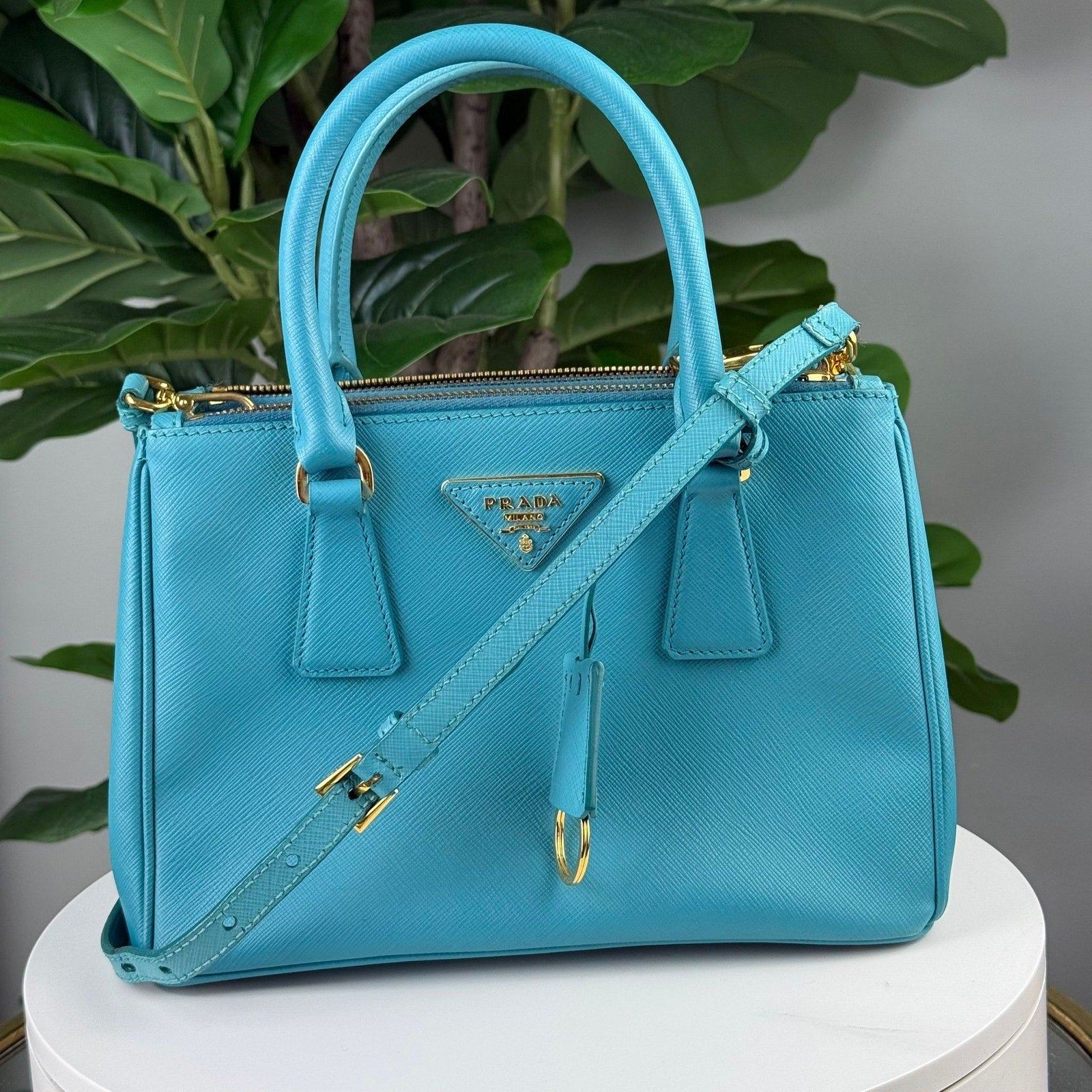 Authentic PRADA Galleria Saffiano Lux Leather 2Way Bag Hand Bag Blue