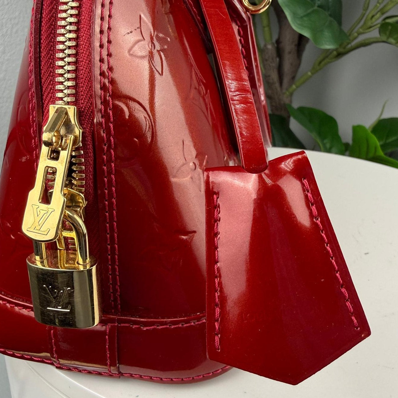 Authentic Louis Vuitton Monogram Vernis Alma BB Handbag Red