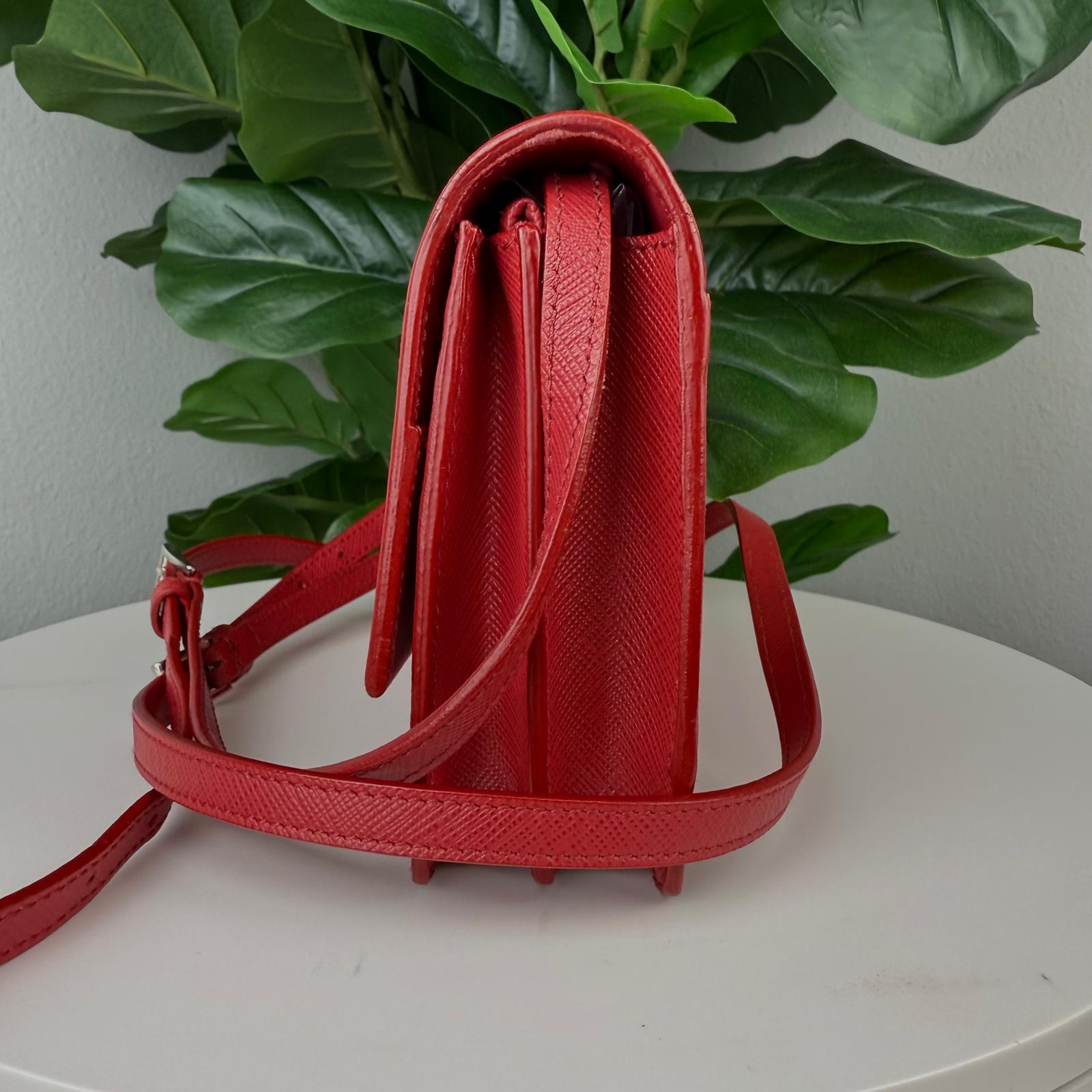 Authentic Prada Red Saffiano Leather Double Sided Flap Crossbody Bag
