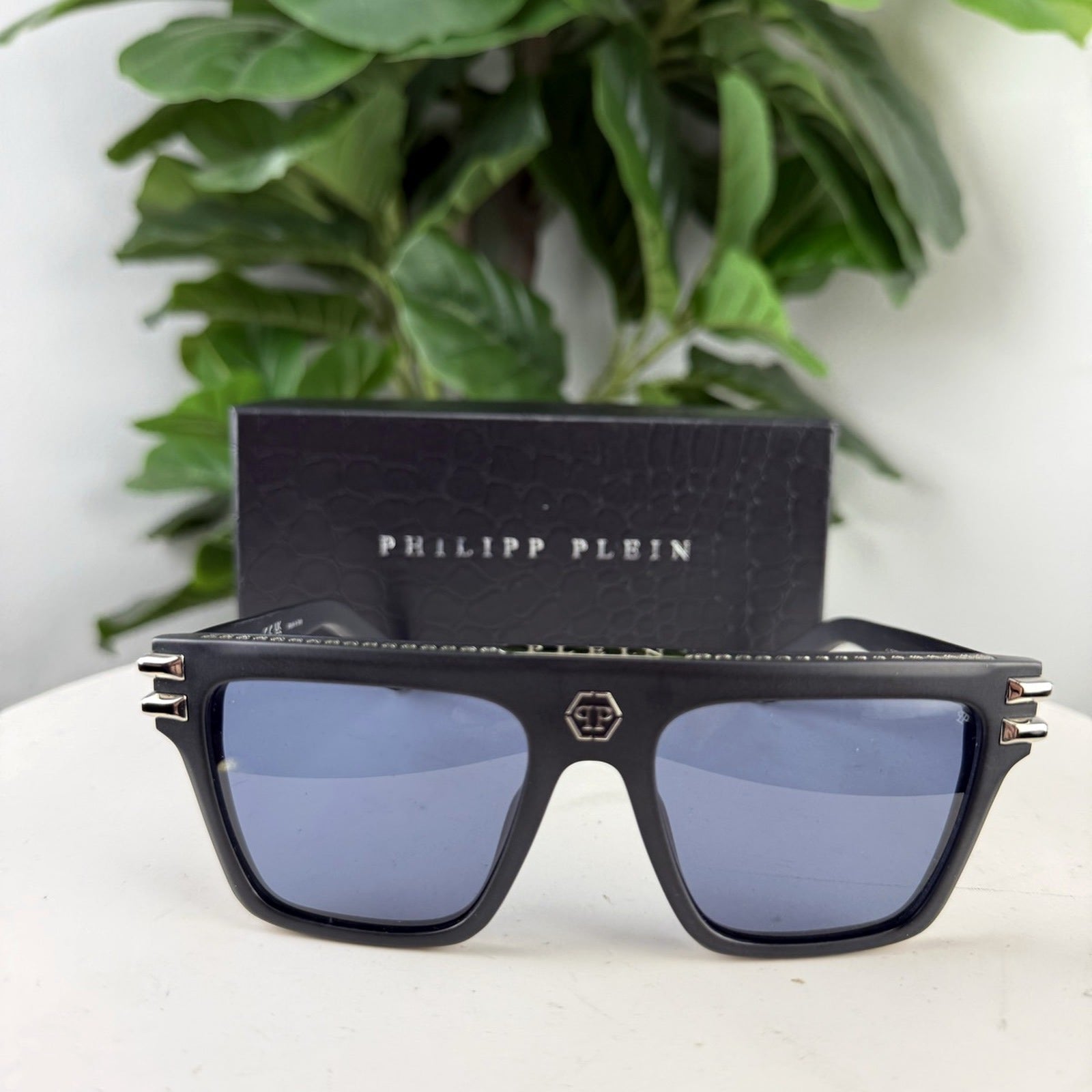 Authentic Philipp Plein Studded D-Frame Blue-Lens Sunglasses - front view