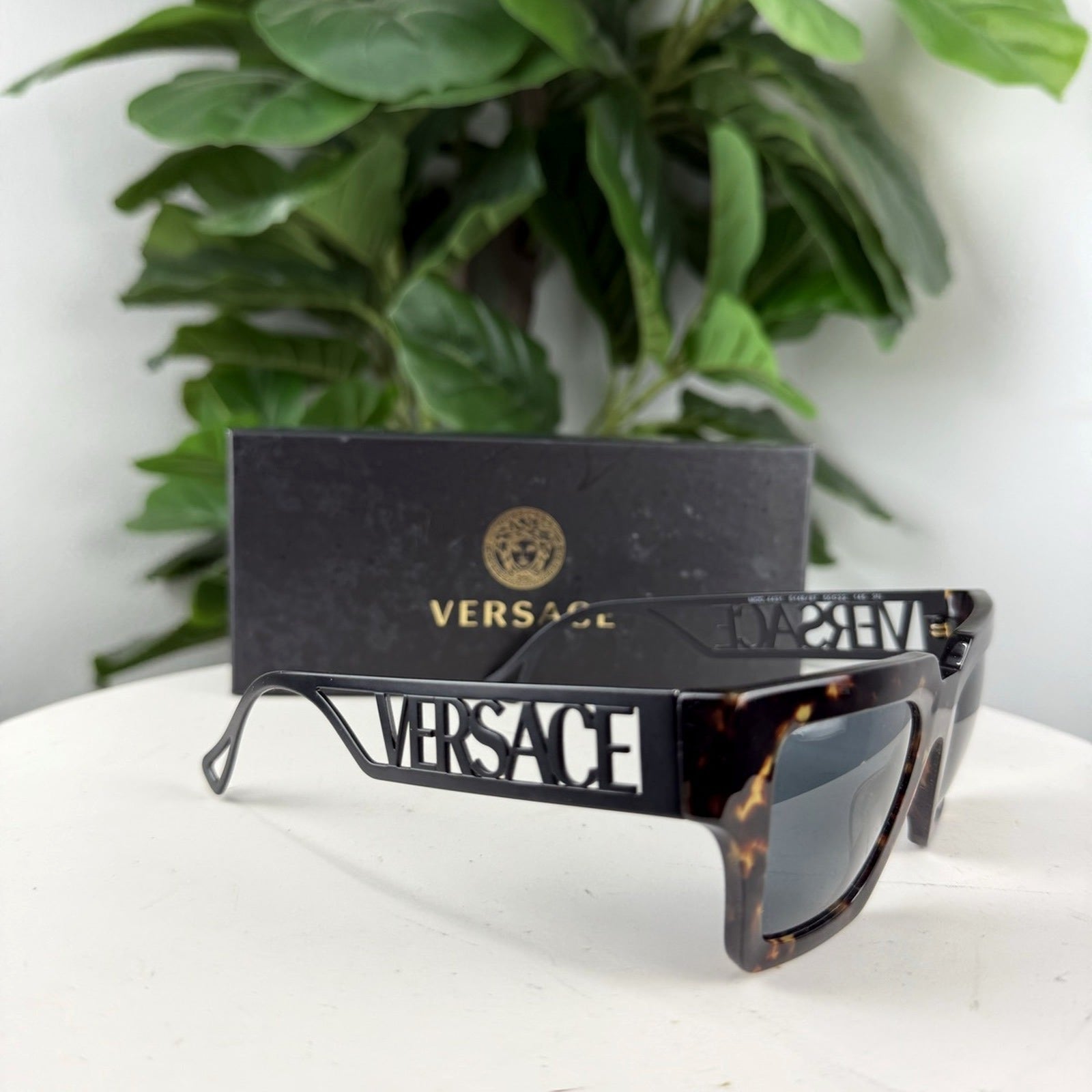 Authentic Versace Tortoiseshell Cutout Logo Square Sunglasses - with box