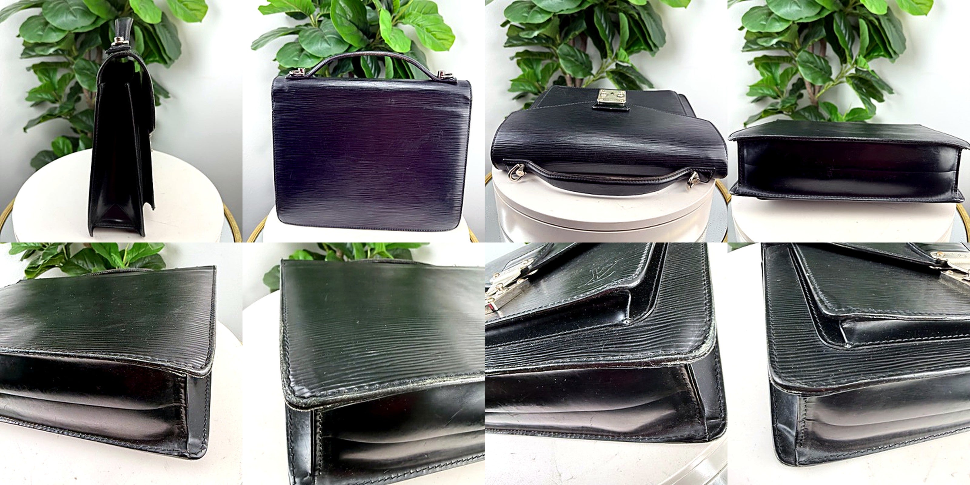 Authentic Louis Vuitton Black Epi Leather Monceau Bag - detail views: other side, back, top, bottom, corner macros