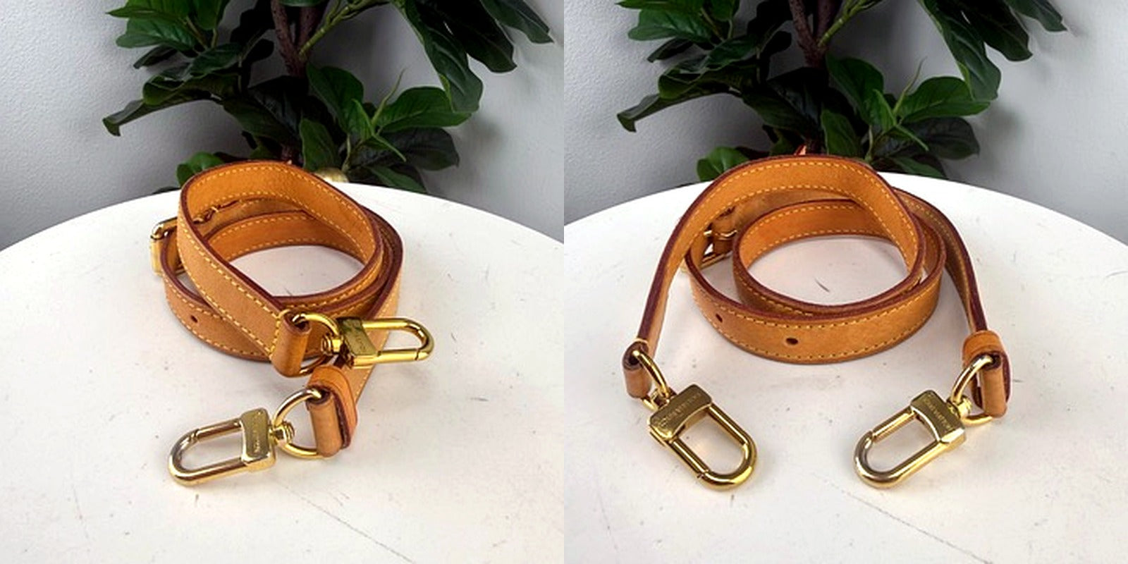 Authentic Louis Vuitton vachetta leather strap, brass buckle and swivel clasp hardware detail