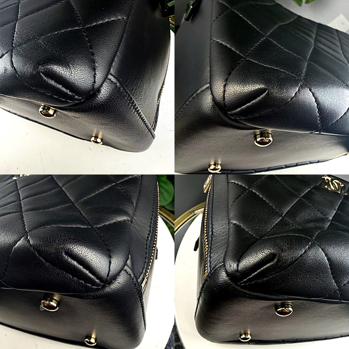 Authentic Chanel Black Quilted Lambskin Trendy CC Bowling Bag - corner and stitching macros
