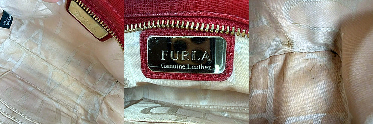 Furla crossbody bag interior showing Made in Bulgaria tag, FURLA Genuine Leather plate, and light staining near seam