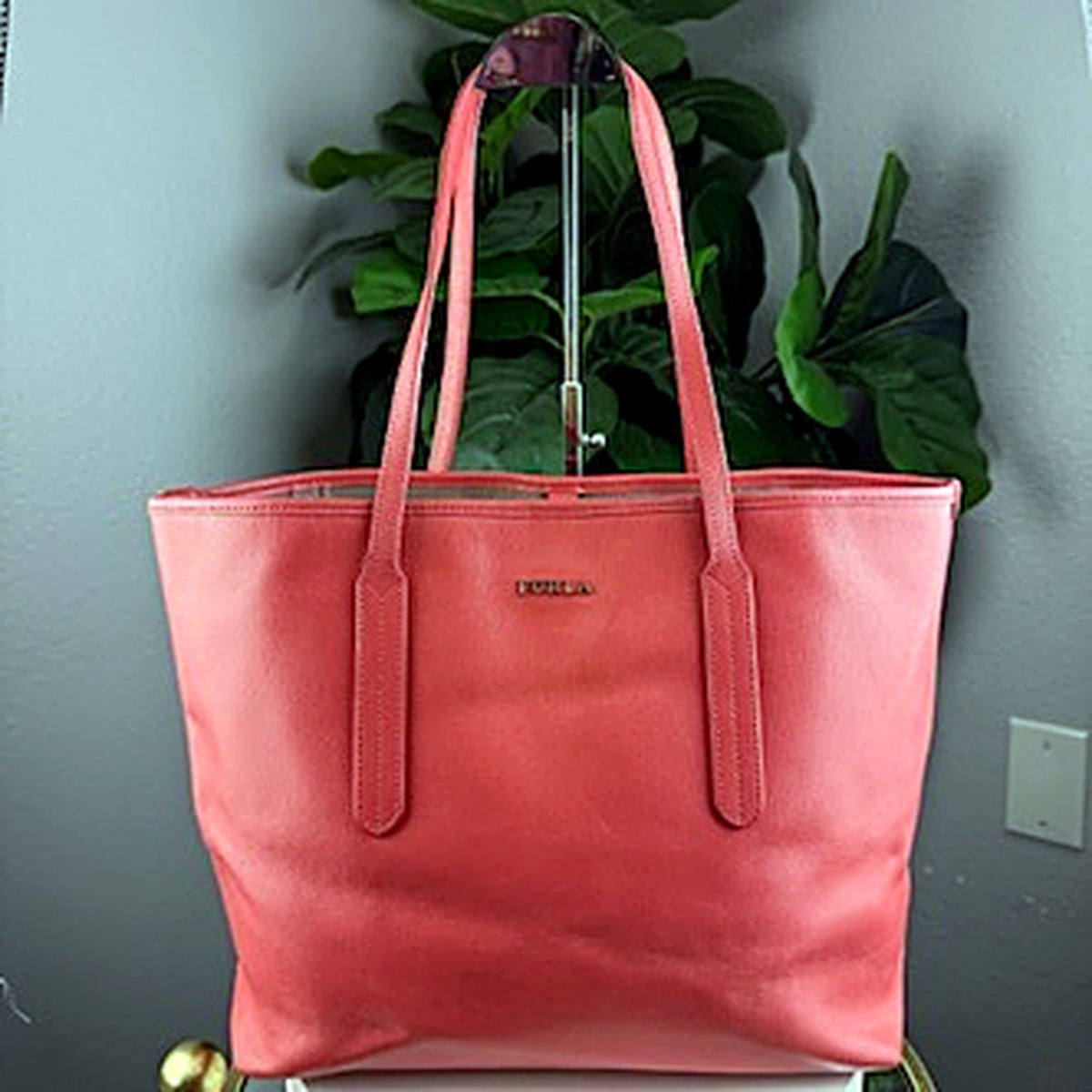 Authentic Furla coral pebbled leather structured tote bag - front view