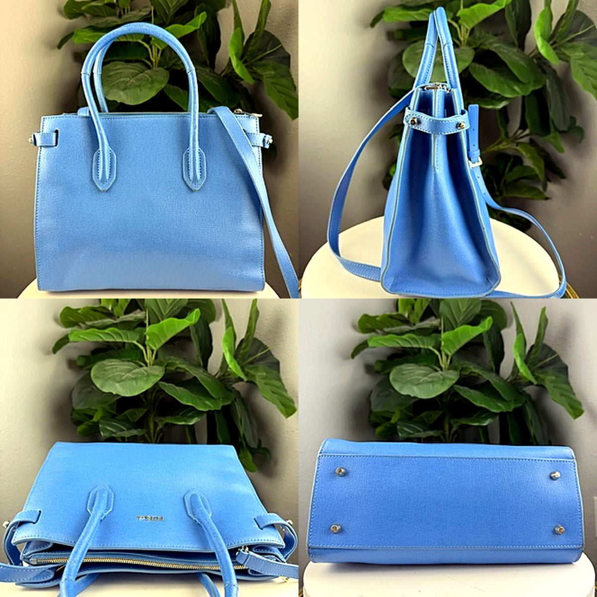 Authentic Furla powder blue saffiano leather tote bag, detail views including back and bottom