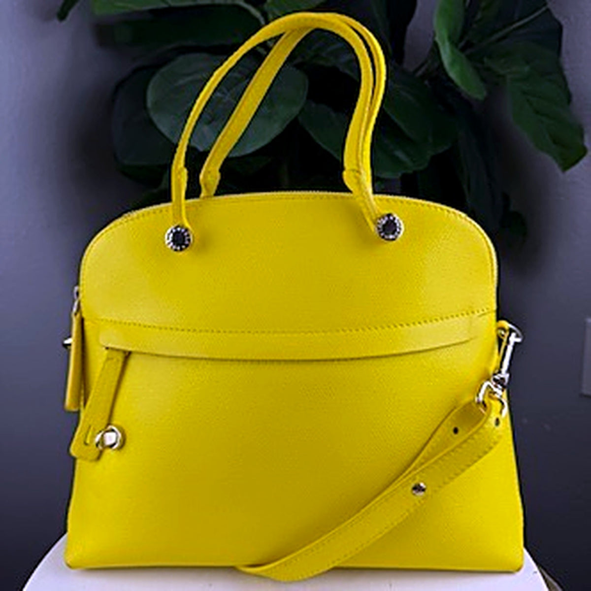 Authentic Furla Piper Bright Yellow Saffiano Leather Dome Bag - front