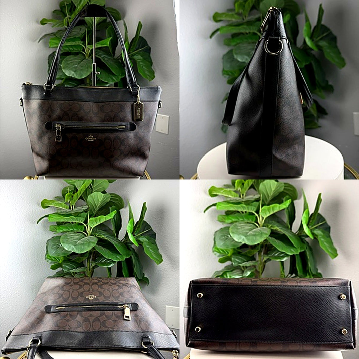 Coach Signature tote bag detail views: front angle, other side, back, bottom