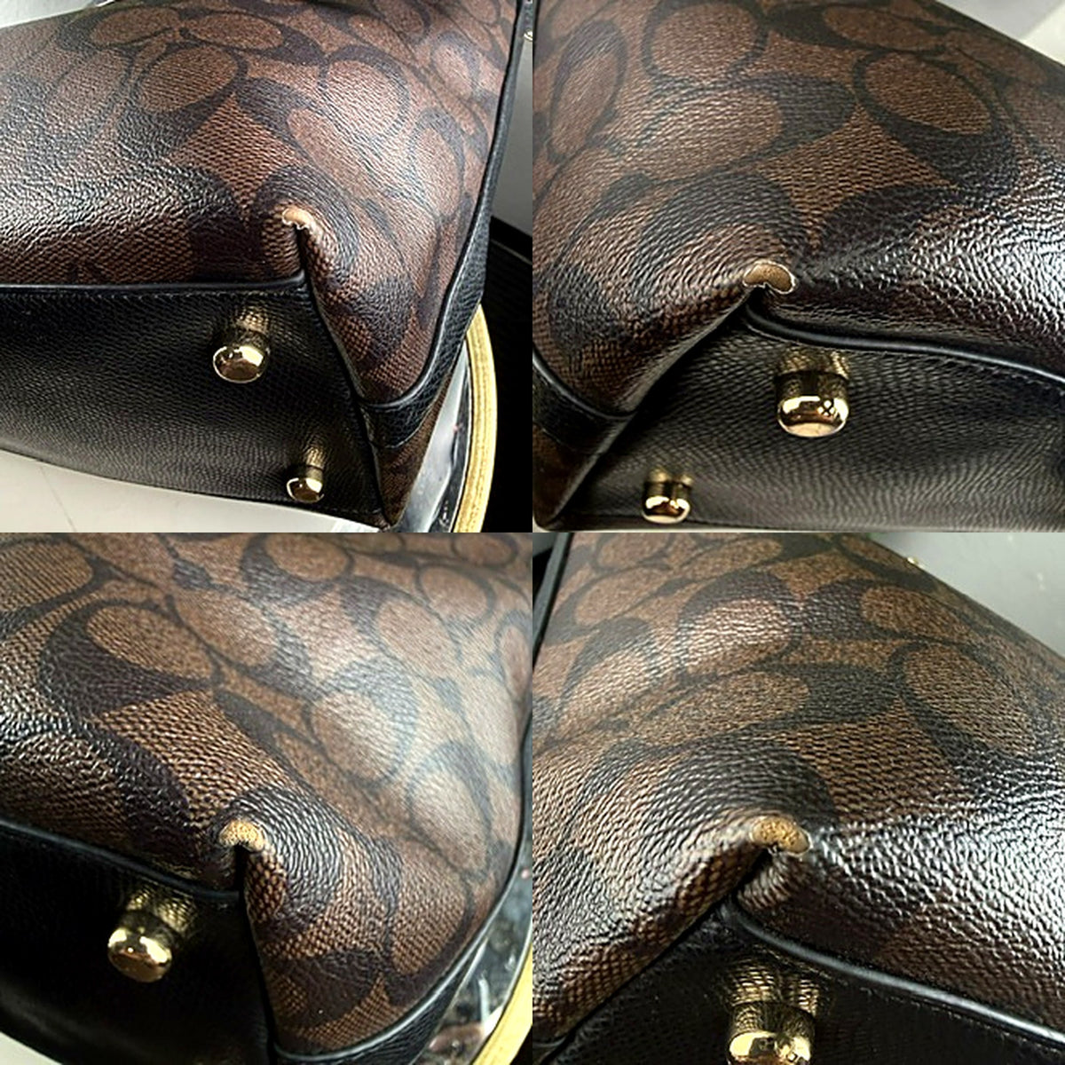 Coach Signature tote bag corner and edge macro detail views