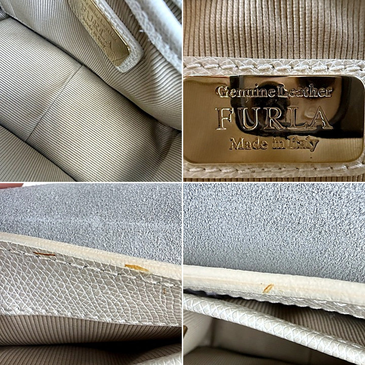 Furla Metropolis bag interior, brand tag, and small stain detail on interior trim