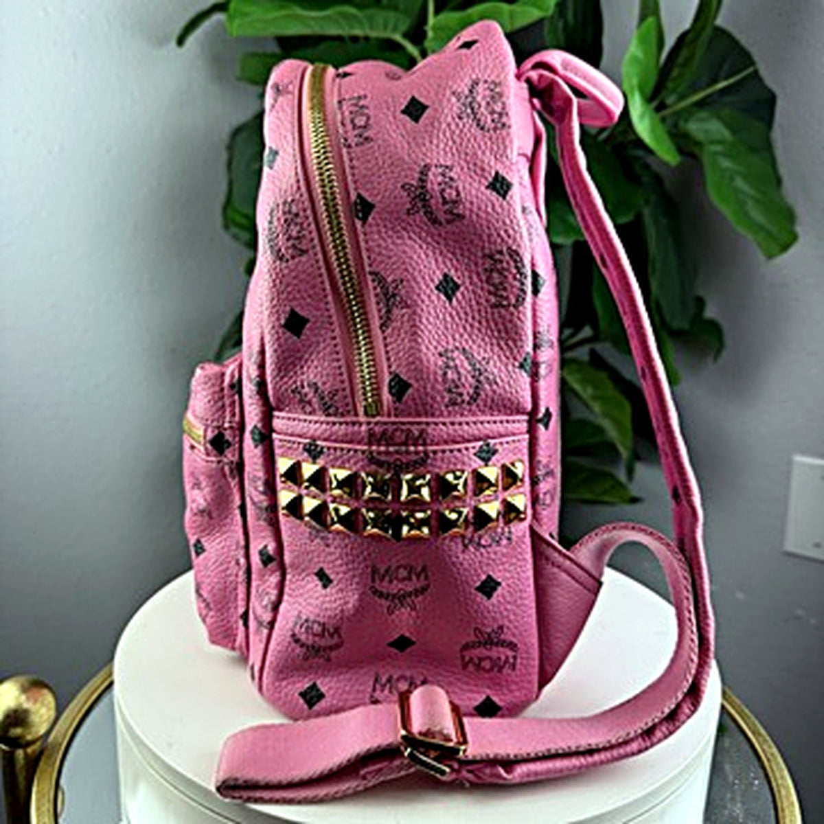 Authentic MCM Stark Pink Visetos Studded Backpack - side