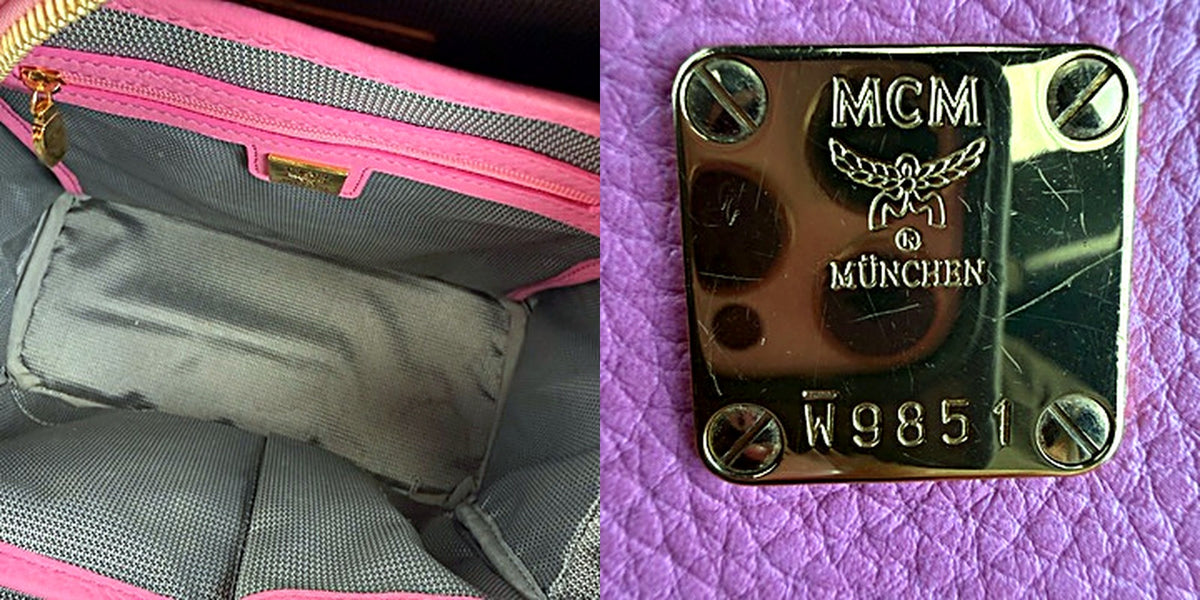 Authentic MCM Stark Pink Visetos Studded Backpack - interior and hardware plate W9851