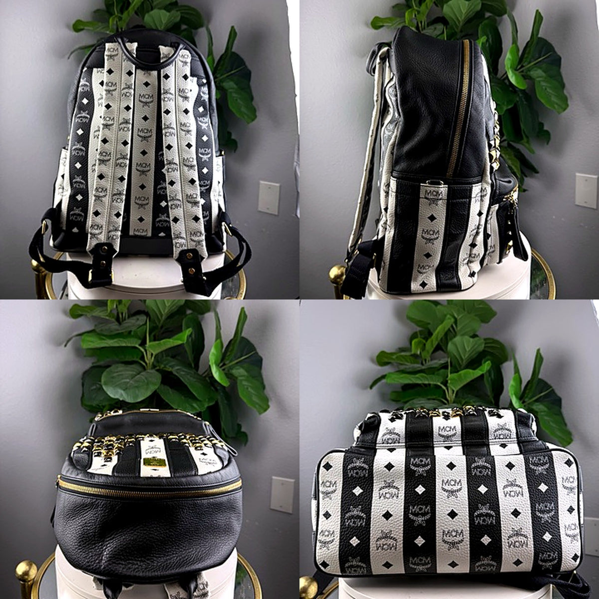 MCM Stark studded backpack - back, other side, top, and bottom detail