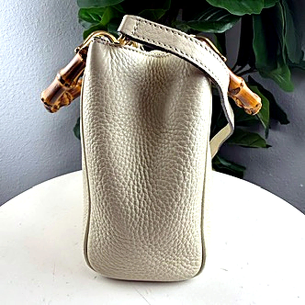 Authentic Vintage Gucci Bamboo Handle Cream Leather Tote Bag - side