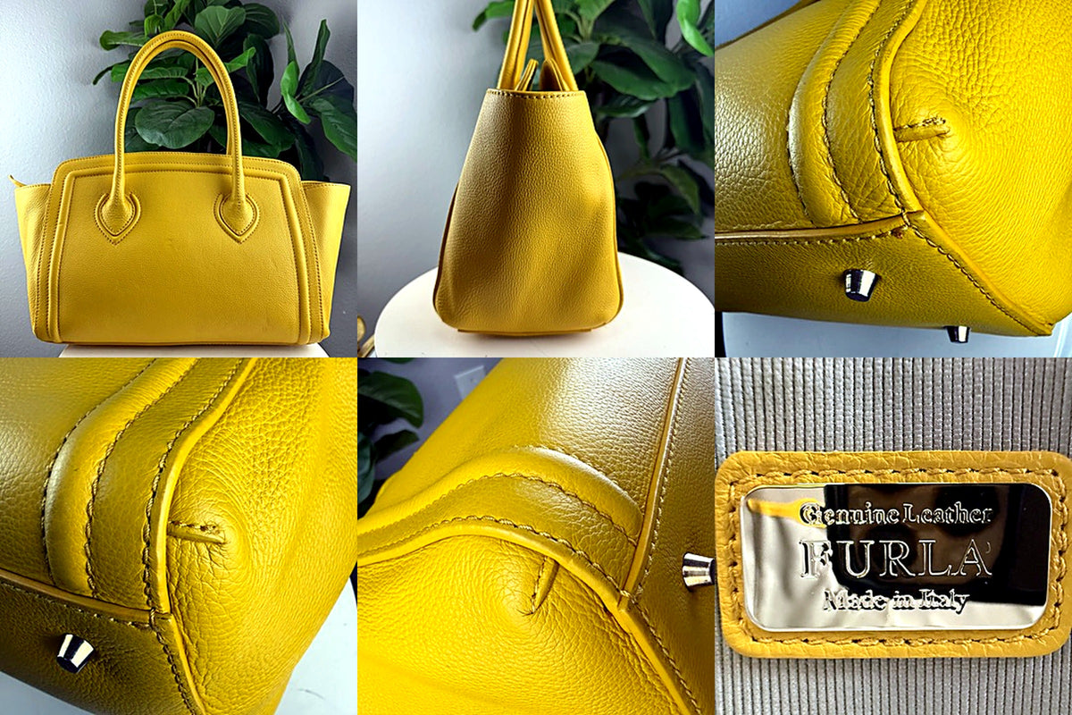 Authentic Furla Bright Yellow Pebbled Leather Winged Satchel Bag - detail views