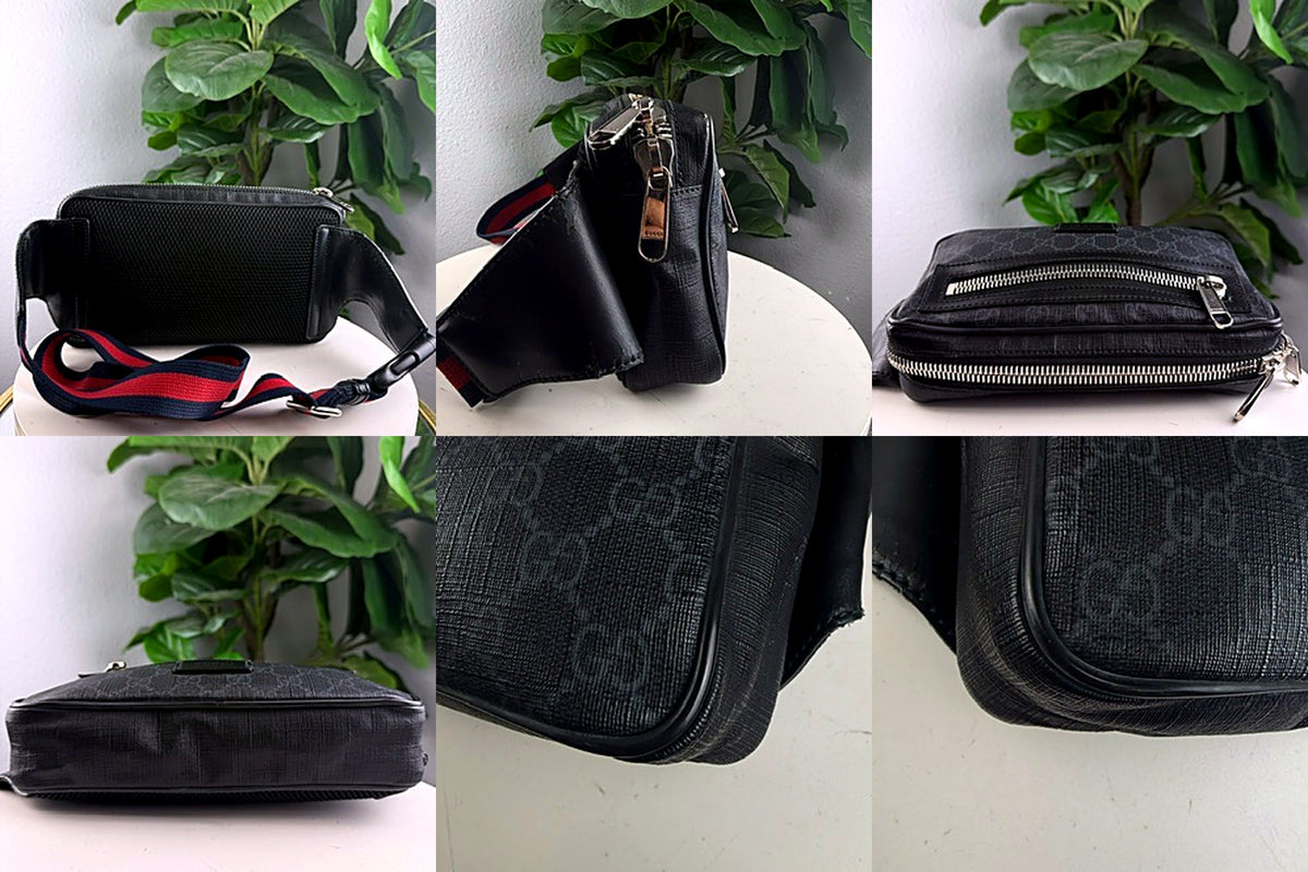 Gucci GG Supreme belt bag detail views: back, front angle, bottom, corners