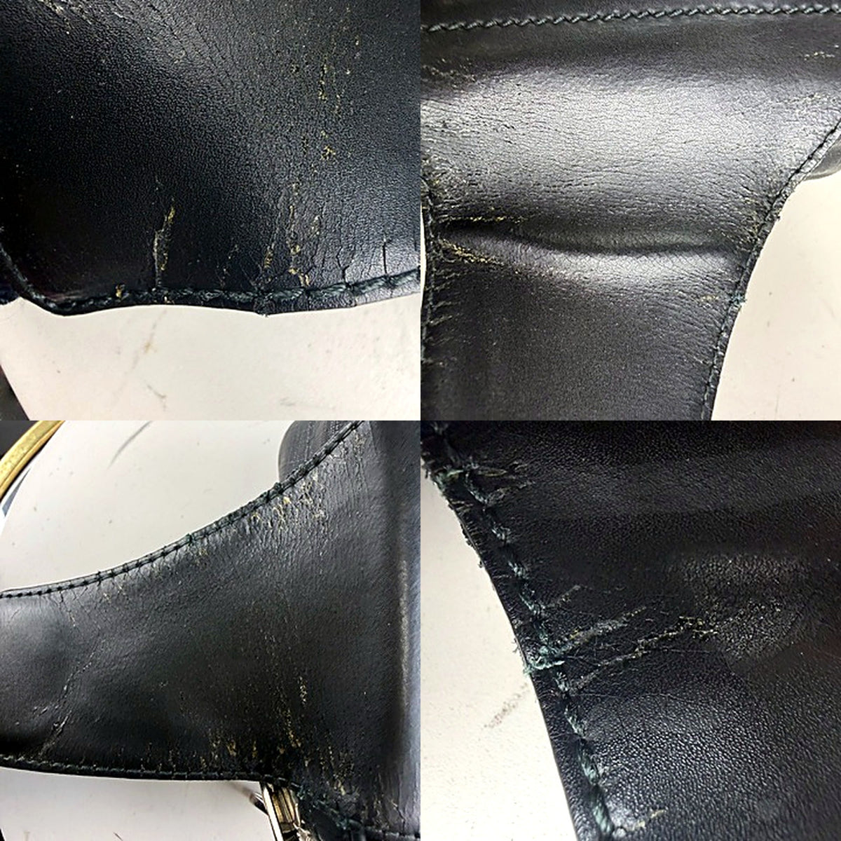Close-up of leather trim cracking and crazing on Gucci belt bag, additional edges