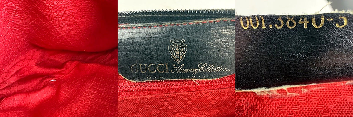 Authentic vintage Gucci Accessory Collection black GG canvas hobo bag - interior, brand tag, and date code