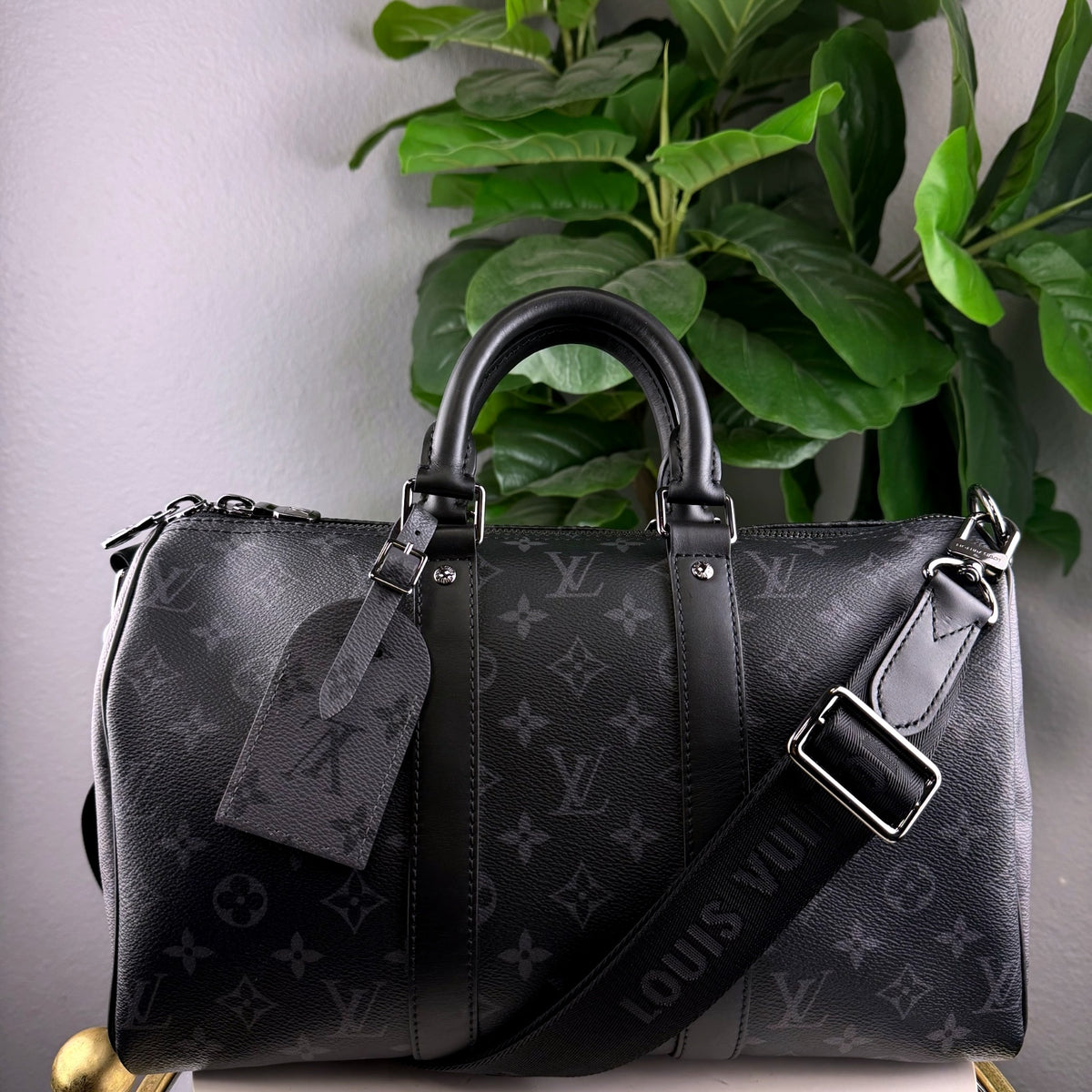 Authentic Louis Vuitton Keepall Bandoulière 45 Monogram Eclipse Canvas Duffle - 01_front.jpg