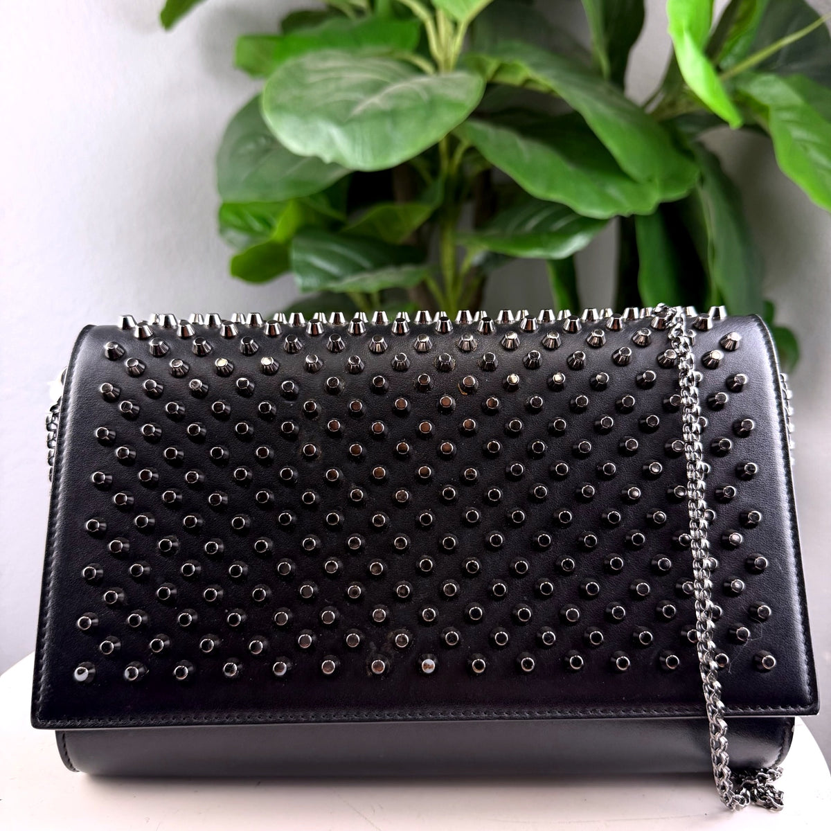 Authentic Christian Louboutin Paloma Black Leather Studded Clutch - 01_front.jpg