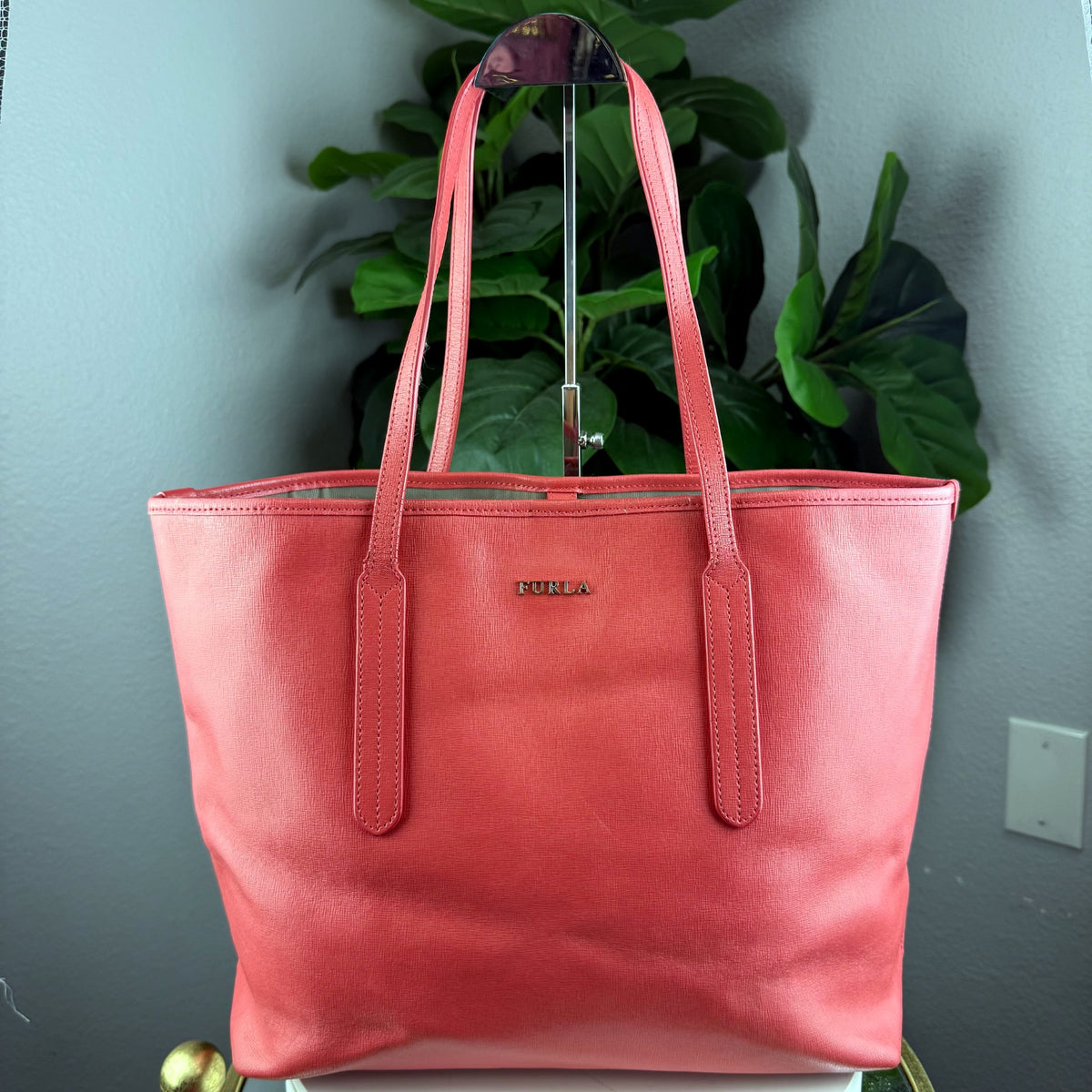 Authentic Furla Coral Pink Saffiano Leather Tote Bag - 01_front.jpg
