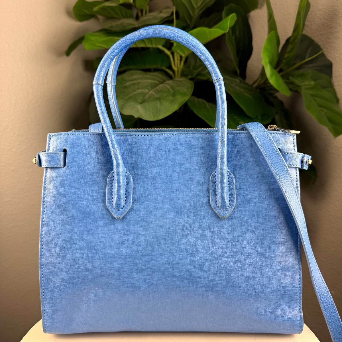 Authentic Furla Pin Saffiano Leather Tote Bag Light Blue with Strap - 02_back.jpg