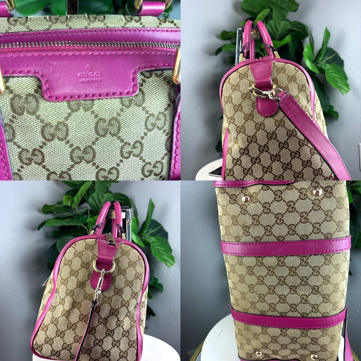 Authentic Gucci GG Canvas Boston Bag with Pink Leather Trim - 03_detail_1.jpg