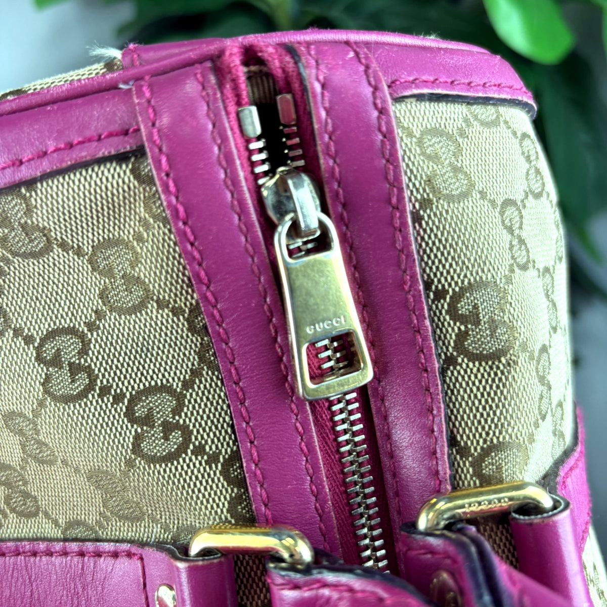 Authentic Gucci GG Canvas Boston Bag with Pink Leather Trim - 06_leftover_single.jpg