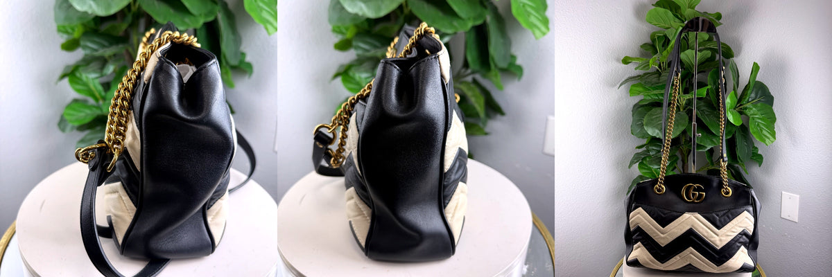 Authentic Gucci GG Marmont Black White Chevron Quilted Leather Shoulder Bag - 05_leftover_triple.jpg