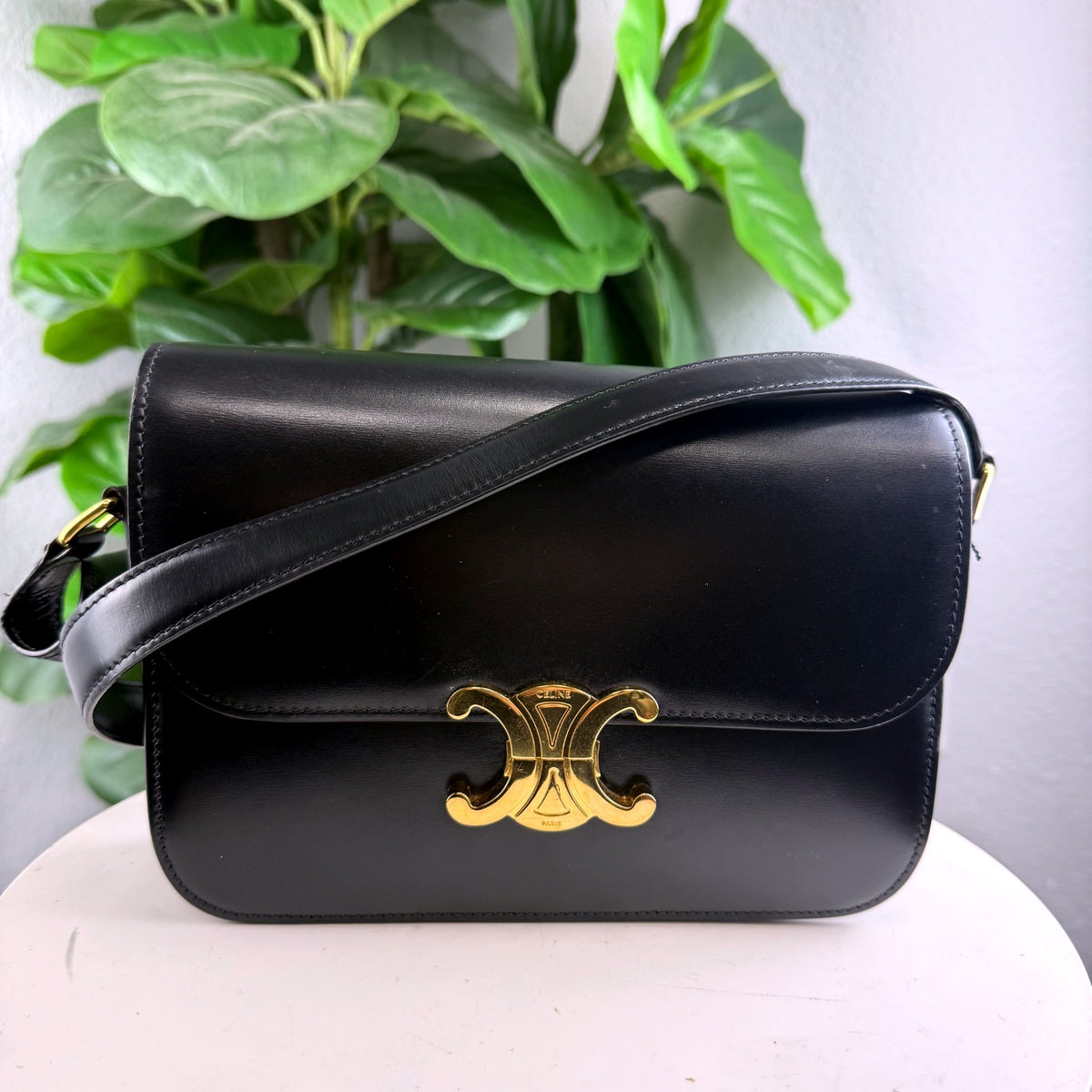 Authentic Celine Triomphe Medium Shoulder Bag Black Calfskin Leather Gold Hardware - 01_front.jpg