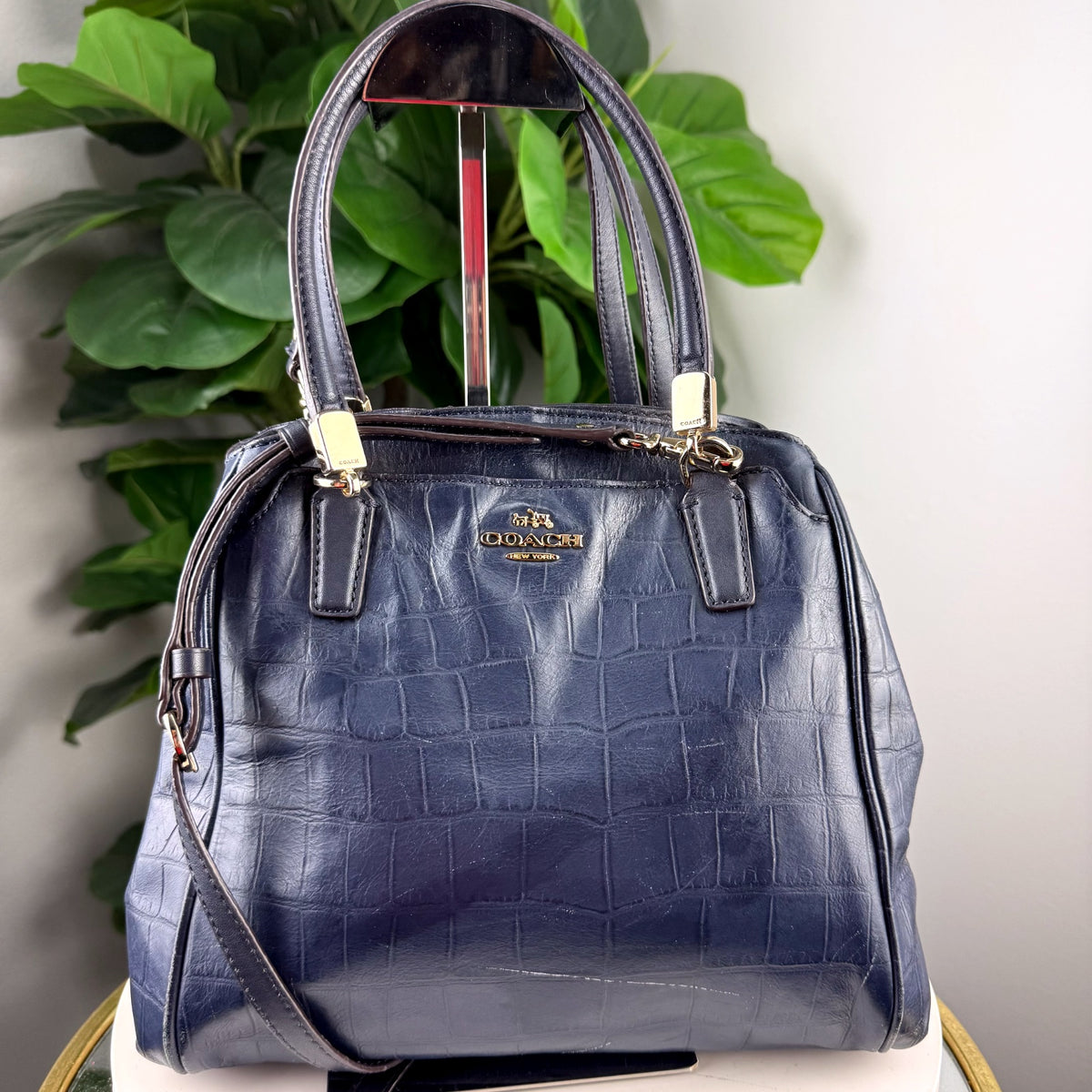 Authentic Coach Embossed Croc Leather Satchel Navy Blue with Crossbody Strap - 01_front.jpg